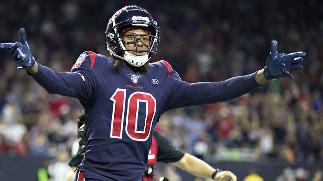 HOUSTON, TX - NOVEMBER 21: DeAndre Hopkins #10 of the Houston Texans celebrates after catching a pass for a touchdown during the second half of a game against the Indianapolis Colts at NRG Stadium on November 21, 2019 in Houston, Texas. The Texans defeated the Colts 20-17.
