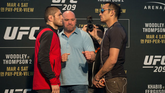 LAS VEGAS, NV - MARCH 02: (L-R) Khabib Nurmagomedov of Russia and Tony Ferguson face off during the UFC 209 Ultimate Media Day inside TMobile Arena on March 2, 2017 in Las Vegas, Nevada.