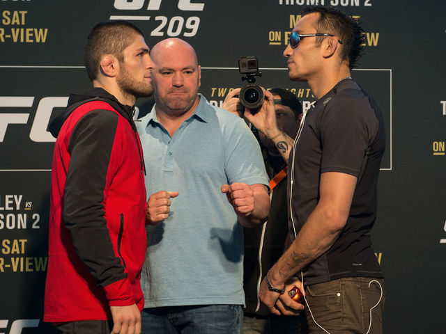 LAS VEGAS, NV - MARCH 02: (L-R) Khabib Nurmagomedov of Russia and Tony Ferguson face off during the UFC 209 Ultimate Media Day inside TMobile Arena on March 2, 2017 in Las Vegas, Nevada.