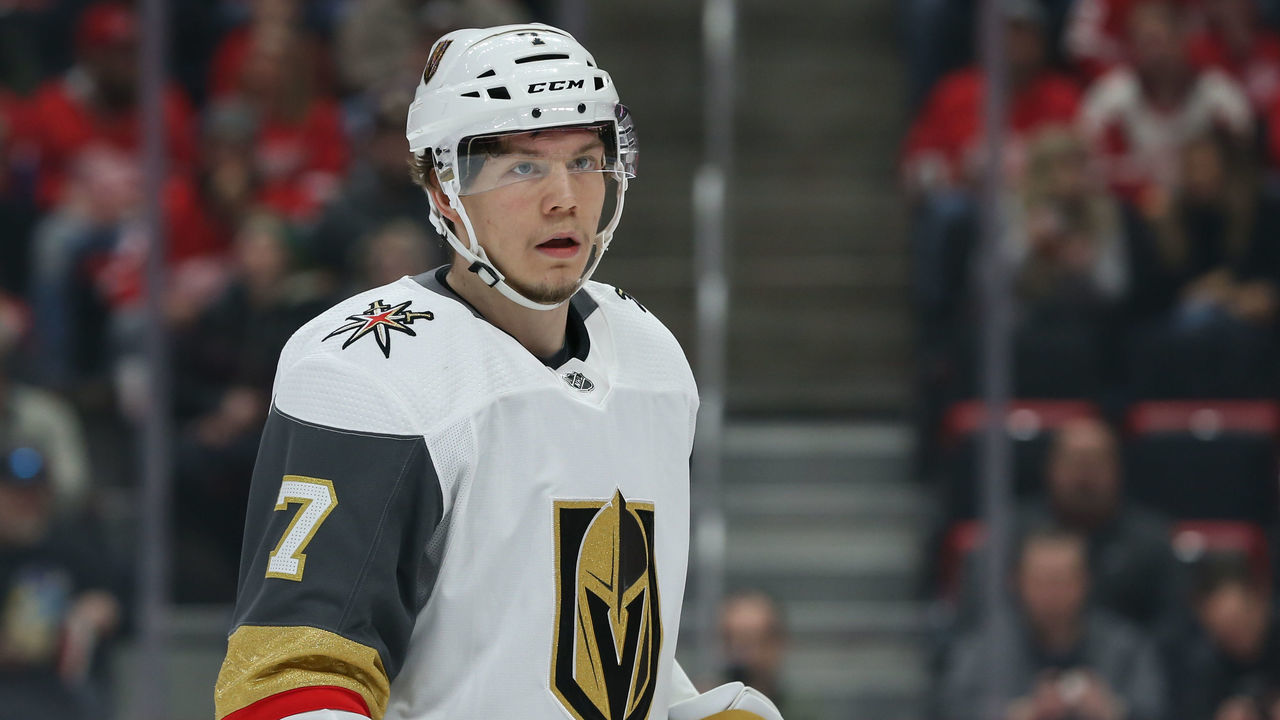 DETROIT, MI - FEBRUARY 07: Vegas Golden Knights forward Valentin Zykov, of Russia, (7) looks on during a regular season NHL hockey game between the Vegas Golden Knights and the Detroit Red Wings on February 7, 2019, at Little Caesars Arena in Detroit, Michigan.