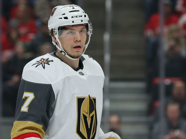 DETROIT, MI - FEBRUARY 07: Vegas Golden Knights forward Valentin Zykov, of Russia, (7) looks on during a regular season NHL hockey game between the Vegas Golden Knights and the Detroit Red Wings on February 7, 2019, at Little Caesars Arena in Detroit, Michigan.