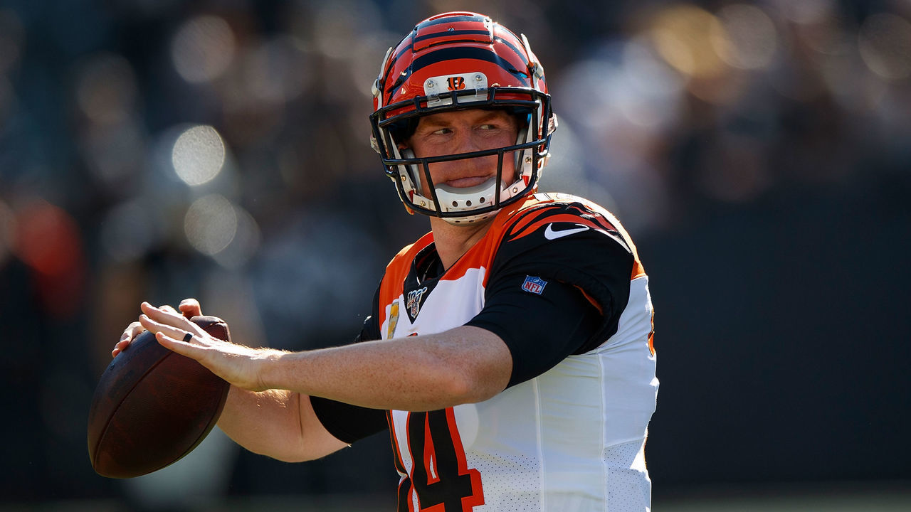 OAKLAND, CA - NOVEMBER 17: Quarterback Andy Dalton #14 of the Cincinnati Bengals warms up before the game against the Oakland Raiders at RingCentral Coliseum on November 17, 2019 in Oakland, California. The Oakland Raiders defeated the Cincinnati Bengals 17-10.