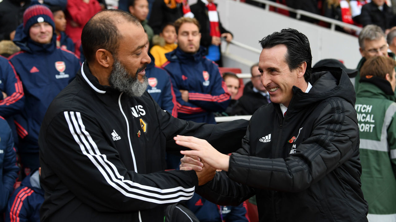 LONDON, ENGLAND - NOVEMBER 02: Unai Emery the Arsenal Head Coach greets Wolverhampton Manager Nuno Espirito Santo before the Premier League match between Arsenal FC and Wolverhampton Wanderers at Emirates Stadium on November 02, 2019 in London, United Kingdom.