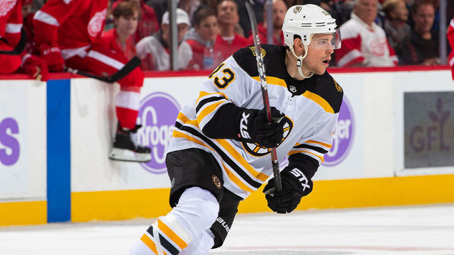 DETROIT, MI - NOVEMBER 08: Charlie Coyle #13 of the Boston Bruins turns up ice against the Detroit Red Wings during an NHL game at Little Caesars Arena on November 8, 2019 in Detroit, Michigan. Detroit defeated Boston 4-2.