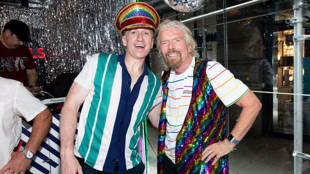 NEW YORK, NEW YORK - JUNE 29: Brock McGillis and Sir Richard Branson celebrate Pride and the announcement of LGBTQ+ Virgin Voyages Charter with Atlantis Events on June 29, 2019 in New York City.