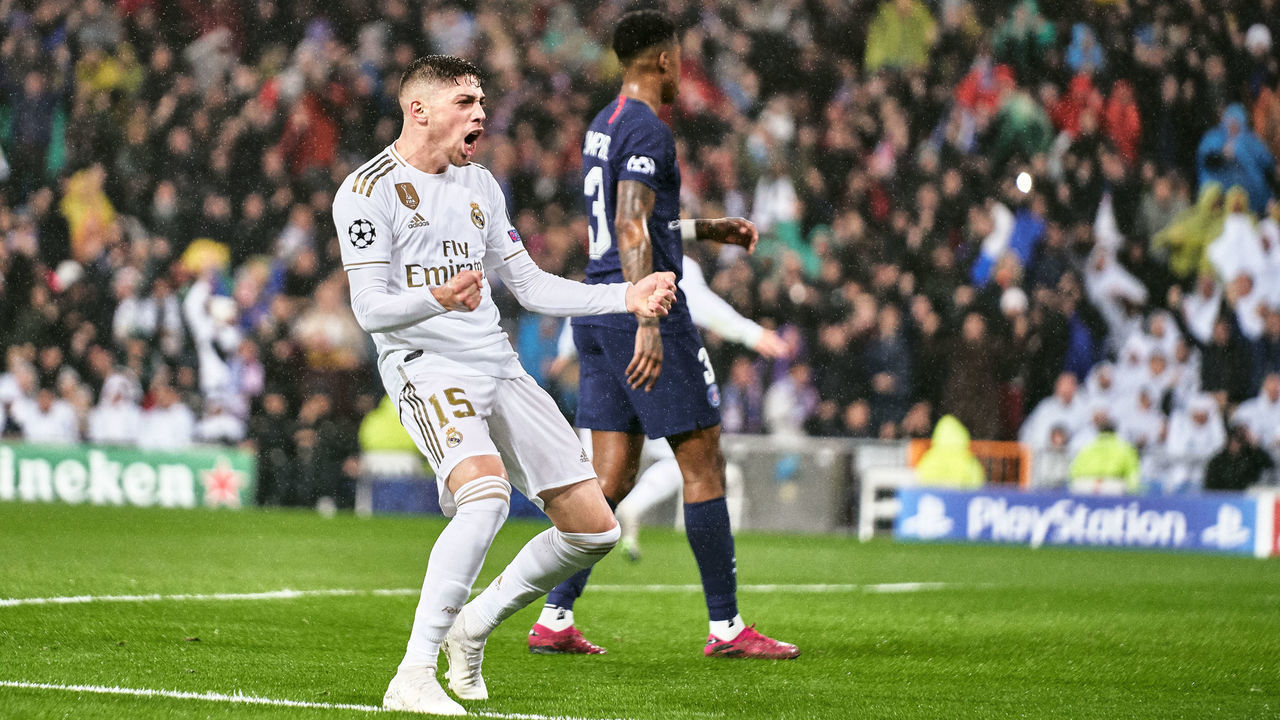 MADRID, SPAIN - NOVEMBER 26: Federico Valverde of Real Madrid celebrates the fist goal of his team during the UEFA Champions League group A match between Real Madrid and Paris Saint-Germain at Bernabeu on November 26, 2019 in Madrid, Spain.
