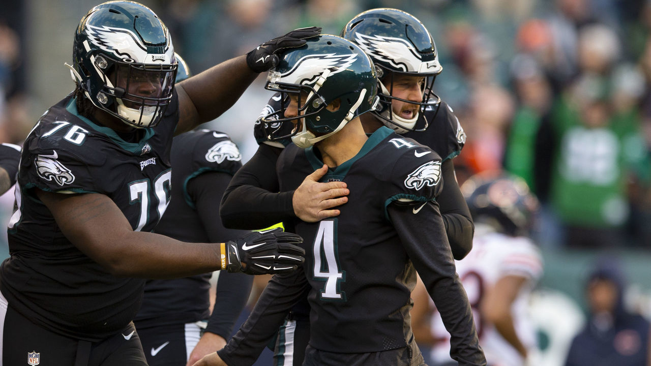 PHILADELPHIA, PA - NOVEMBER 03: Jake Elliott #4 of the Philadelphia Eagles celebrates with Albert Huggins #76 and Rick Lovato #45 after kicking a field goal late in the fourth quarter against the Chicago Bears at Lincoln Financial Field on November 3, 2019 in Philadelphia, Pennsylvania. The Eagles defeated the Bears 22-14.
