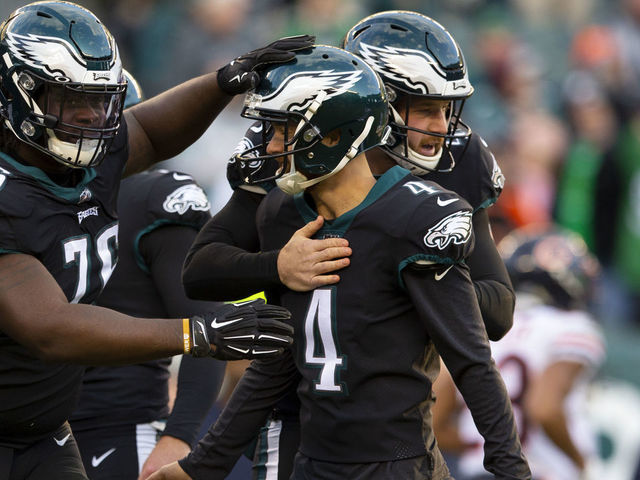 PHILADELPHIA, PA - NOVEMBER 03: Jake Elliott #4 of the Philadelphia Eagles celebrates with Albert Huggins #76 and Rick Lovato #45 after kicking a field goal late in the fourth quarter against the Chicago Bears at Lincoln Financial Field on November 3, 2019 in Philadelphia, Pennsylvania. The Eagles defeated the Bears 22-14.