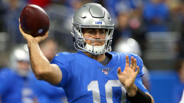 Detroit Lions quarterback David Blough (10) throws the ball during warmups before the first half of an NFL football game against the Kansas City Chiefs in Detroit, Michigan USA, on Sunday, September 29, 2019.