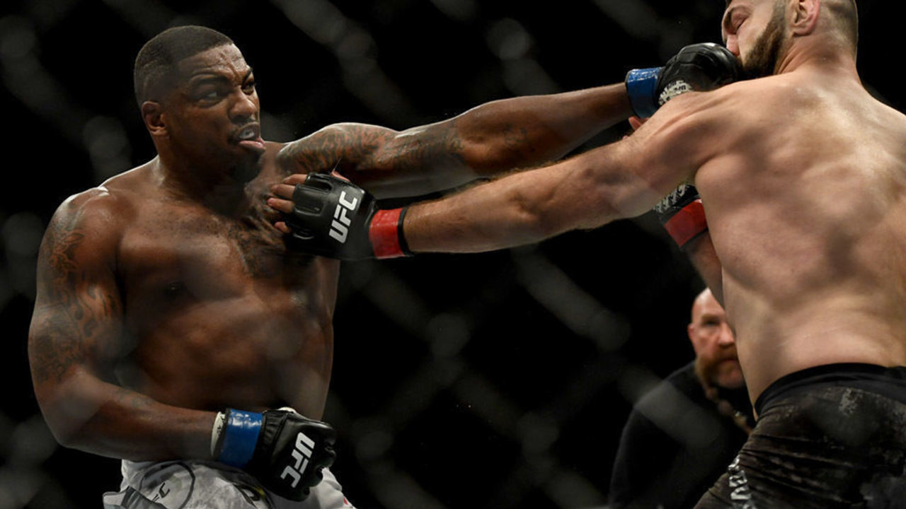 INGLEWOOD , CA - DECEMBER 29: Walt Harris, blue, defeats Andrei Arlovski, red, via split decision during UFC 232 at the Forum in Inglewood Ca, Saturday, Dec 29, 2018.