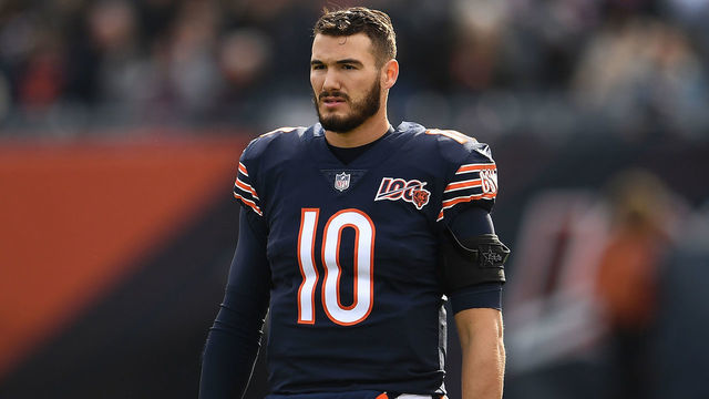 CHICAGO, ILLINOIS - NOVEMBER 24: Mitchell Trubisky #10 of the Chicago Bears warms up during a game against the New York Giants at Soldier Field on November 24, 2019 in Chicago, Illinois. The Bears defeated the Giants 19-14.