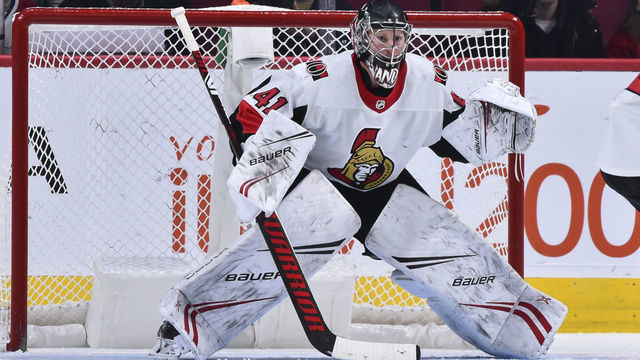 MONTREAL, QC - NOVEMBER 20: Craig Anderson #41 of the Ottawa Senators tends the net against the Montreal Canadiens during the first period at the Bell Centre on November 20, 2019 in Montreal, Canada. The Ottawa Senators defeated the Montreal Canadiens 2-1 in overtime.