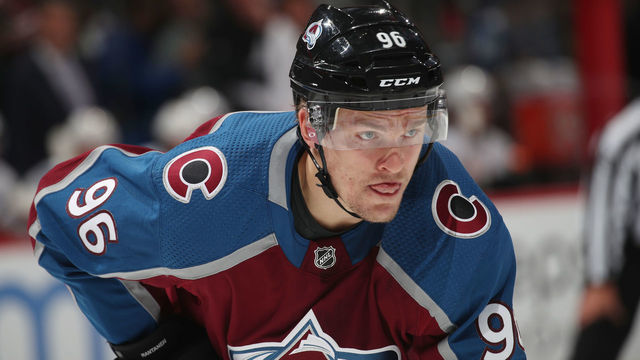 DENVER, COLORADO - OCTOBER 03: Mikko Rantanen #96 of the Colorado Avalanche awaits a face-off against the Calgary Flames at Pepsi Center on October 03, 2019 in Denver, Colorado.