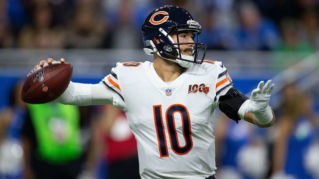 DETROIT, MI - NOVEMBER 28: Mitchell Trubisky #10 of the Chicago Bears drops back to pass during the second quarter of the game against the Detroit Lions at Ford Field on November 28, 2019 in Detroit, Michigan.