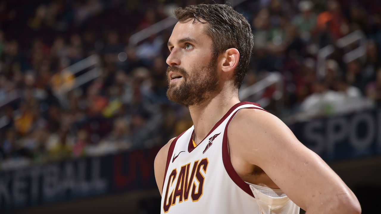 CLEVELAND, OH - NOVEMBER 5: Kevin Love #0 of the Cleveland Cavaliers looks on before the game against the Boston Celtics on November 5, 2019 at Quicken Loans Arena in Cleveland, Ohio. NOTE TO USER: User expressly acknowledges and agrees that, by downloading and/or using this Photograph, user is consenting to the terms and conditions of the Getty Images License Agreement. Mandatory Copyright Notice: Copyright 2019 NBAE