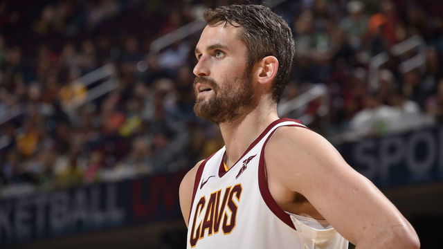 CLEVELAND, OH - NOVEMBER 5: Kevin Love #0 of the Cleveland Cavaliers looks on before the game against the Boston Celtics on November 5, 2019 at Quicken Loans Arena in Cleveland, Ohio. NOTE TO USER: User expressly acknowledges and agrees that, by downloading and/or using this Photograph, user is consenting to the terms and conditions of the Getty Images License Agreement. Mandatory Copyright Notice: Copyright 2019 NBAE