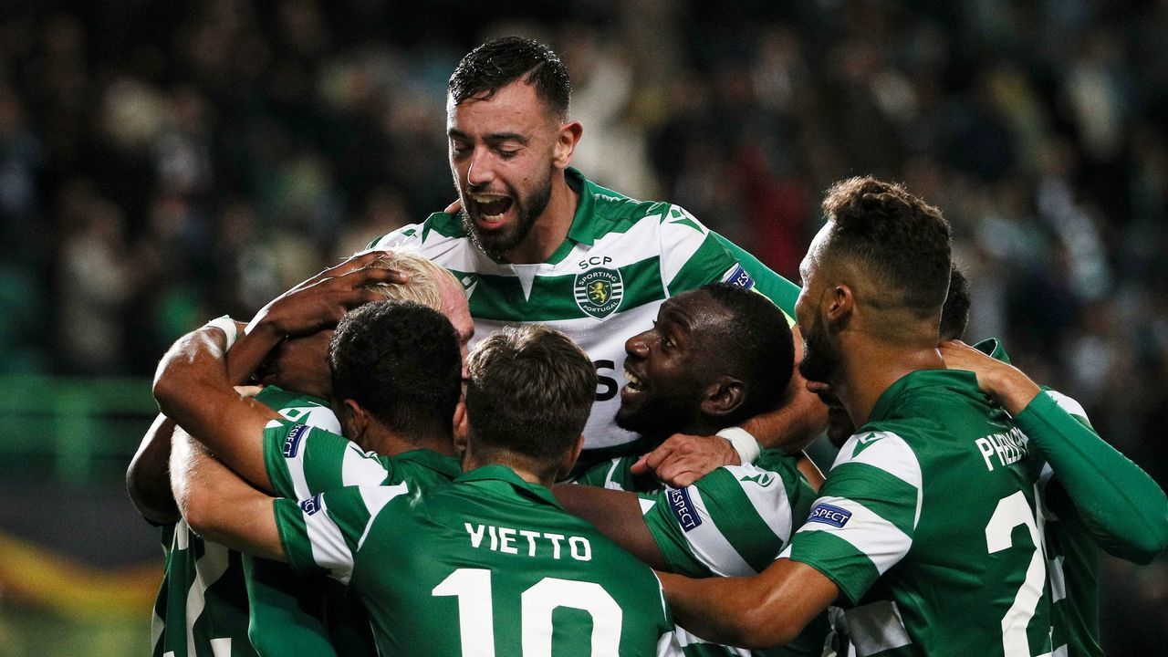 Sporting players celebrates after scoring a goal during the UEFA Europa League Group D football match between Sporting CP and PSV Eindhoven at the Jose Alvalade stadium in Lisbon, on November 28, 2019.
