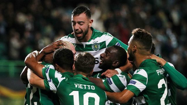 Sporting players celebrates after scoring a goal during the UEFA Europa League Group D football match between Sporting CP and PSV Eindhoven at the Jose Alvalade stadium in Lisbon, on November 28, 2019.
