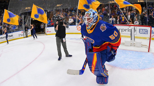 ST. LOUIS, MO - NOVEMBER 21: Jordan Binnington #50 of the St. Louis Blues after the Blues victory over the Calgary Flames at Enterprise Center on November 21, 2019 in St. Louis, Missouri.