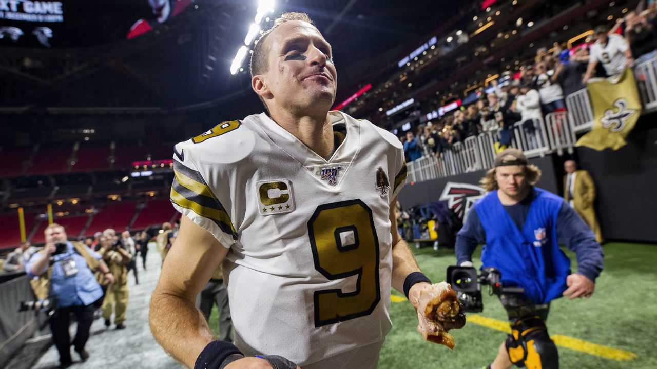 ATLANTA, GA - NOVEMBER 28: Drew Brees #9 of the New Orleans Saints heads off the field following the game against the Atlanta Falcons at Mercedes-Benz Stadium on November 28, 2019 in Atlanta, Georgia. New Orleans Saints won against Atlanta Falcons 26-18.