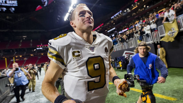 ATLANTA, GA - NOVEMBER 28: Drew Brees #9 of the New Orleans Saints heads off the field following the game against the Atlanta Falcons at Mercedes-Benz Stadium on November 28, 2019 in Atlanta, Georgia. New Orleans Saints won against Atlanta Falcons 26-18.