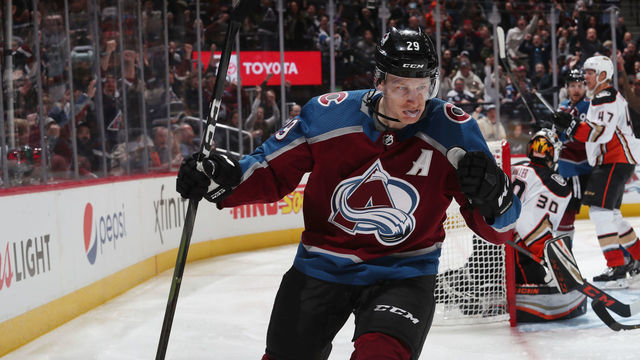 DENVER, COLORADO - OCTOBER 26: Nathan MacKinnon #29 of the Colorado Avalanche celebrates after scoring a goal against the Anaheim Ducks at Pepsi Center on October 26, 2019 in Denver, Colorado.