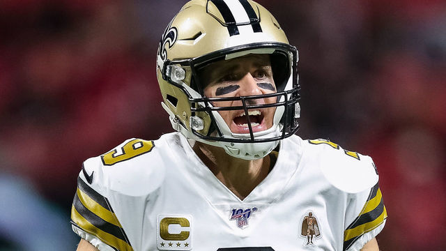 ATLANTA, GA - NOVEMBER 28: Drew Brees #9 of the New Orleans Saints reacts during the second half of a game against the Atlanta Falcons at Mercedes-Benz Stadium on November 28, 2019 in Atlanta, Georgia.