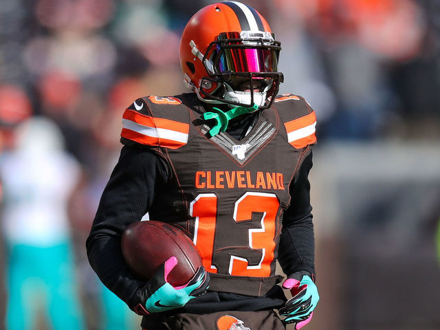 CLEVELAND, OH - NOVEMBER 24: Cleveland Browns wide receiver Odell Beckham Jr. (13) on the field prior to the National Football League game between the Miami Dolphins and Cleveland Browns on November 24, 2019, at FirstEnergy Stadium in Cleveland, OH.