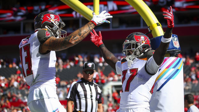 TAMPA, FL - NOVEMBER 10: Ronald Jones #27 of the Tampa Bay Buccaneers celebrates with Mike Evans #13 after scoring a touchdown in the first quarter the game against the Arizona Cardinals on November 10, 2019 at Raymond James Stadium in Tampa, Florida.