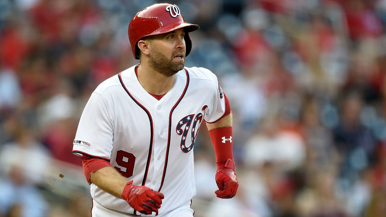 WASHINGTON, DC - SEPTEMBER 29: Brian Dozier #9 of the Washington Nationals runs to first base against the Cleveland Indians at Nationals Park on September 29, 2019 in Washington, DC.
