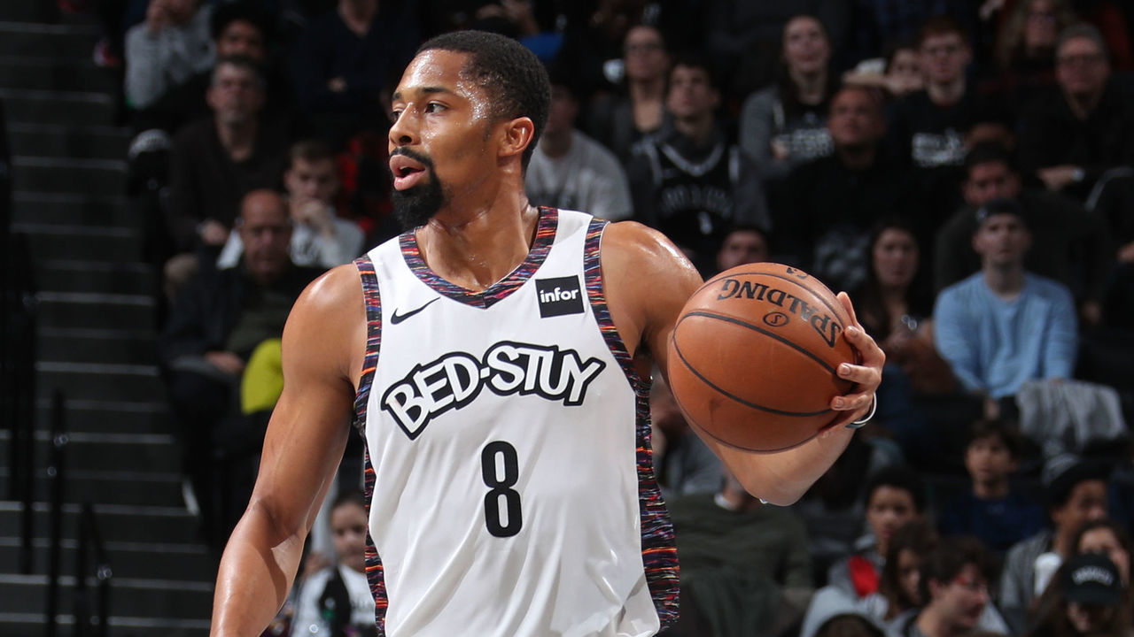 BROOKLYN, NY - NOVEMBER 29: Spencer Dinwiddie #8 of the Brooklyn Nets dribbles the ball up court against the Boston Celtics on November 29, 2019 at Barclays Center in Brooklyn, New York. Mandatory Copyright Notice: Copyright 2019 NBAE