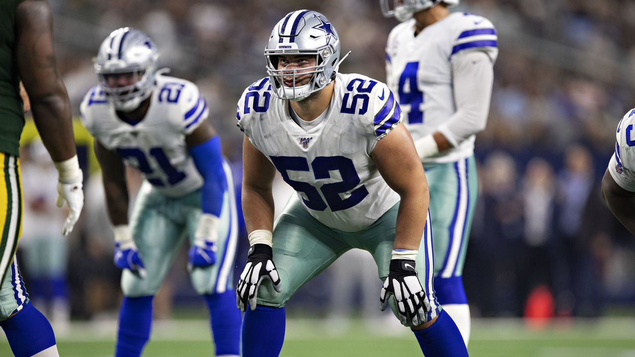 ARLINGTON, TX - OCTOBER 6: Connor Williams #52 of the Dallas Cowboys prepares to block at the line of scrimmage during a game against the Green Bay Packers at AT&T Stadium on October 6, 2019 in Arlington, Texas. The Packers defeated the Cowboys 34-24.