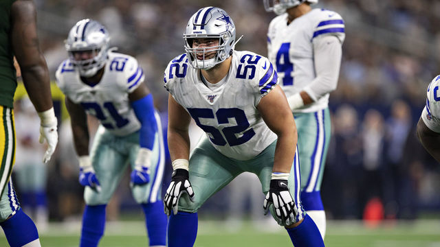 ARLINGTON, TX - OCTOBER 6: Connor Williams #52 of the Dallas Cowboys prepares to block at the line of scrimmage during a game against the Green Bay Packers at AT&T Stadium on October 6, 2019 in Arlington, Texas. The Packers defeated the Cowboys 34-24.