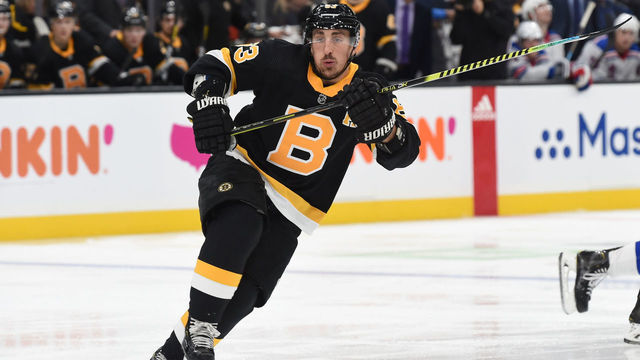 BOSTON, MA - NOVEMBER 29: Brad Marchand #63 of the Boston Bruins skates against the New York Rangers at the TD Garden on November 29, 2019 in Boston, Massachusetts.