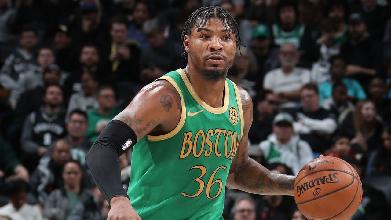 BROOKLYN, NY - NOVEMBER 29: Marcus Smart #36 of the Boston Celtics dribbles the ball against the Brooklyn Nets on November 29, 2019 at Barclays Center in Brooklyn, New York. Mandatory Copyright Notice: Copyright 2019 NBAE