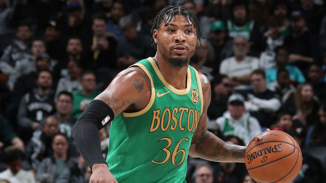 BROOKLYN, NY - NOVEMBER 29: Marcus Smart #36 of the Boston Celtics dribbles the ball against the Brooklyn Nets on November 29, 2019 at Barclays Center in Brooklyn, New York. Mandatory Copyright Notice: Copyright 2019 NBAE