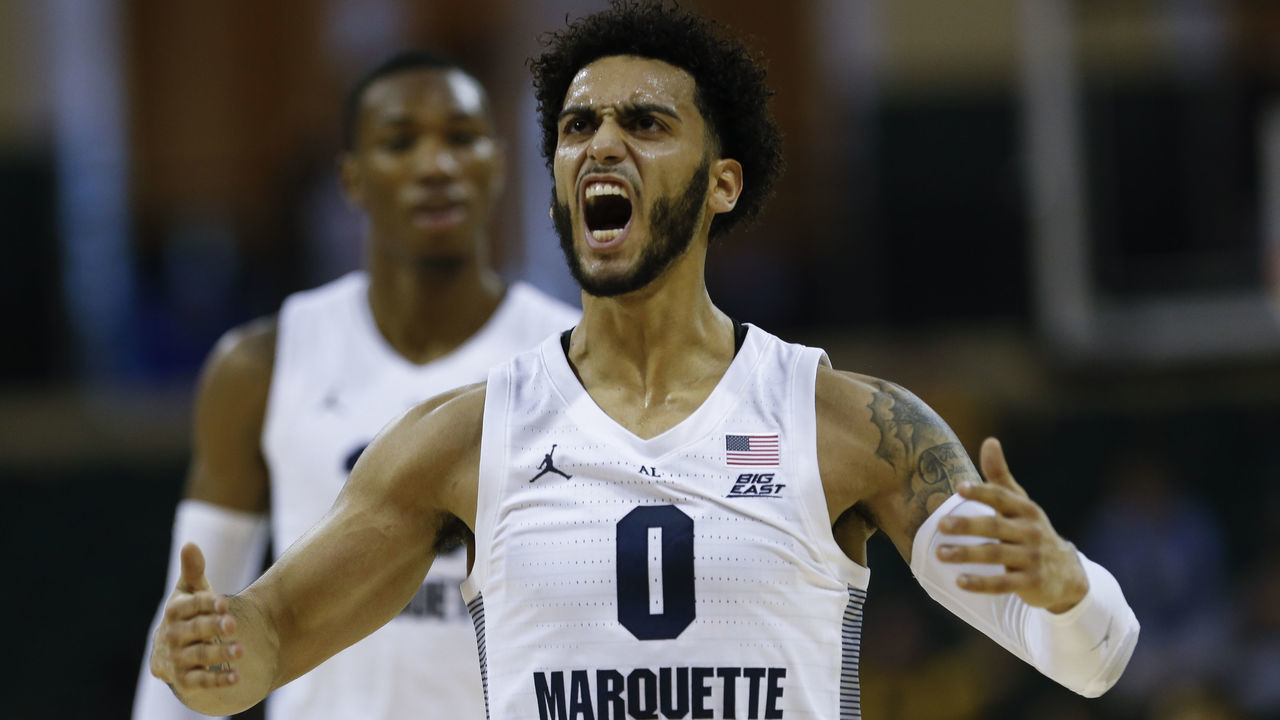 ORLANDO, FL - NOVEMBER 29: Marquette Golden Eagles guard Markus Howard (0) celebrates after scoring during the 2019 Orlando Invitational mens college basketball game between the USC Trojans and Marquette Golden Eagles on November 29, 2019 at the HP Field House in Orlando, FL.