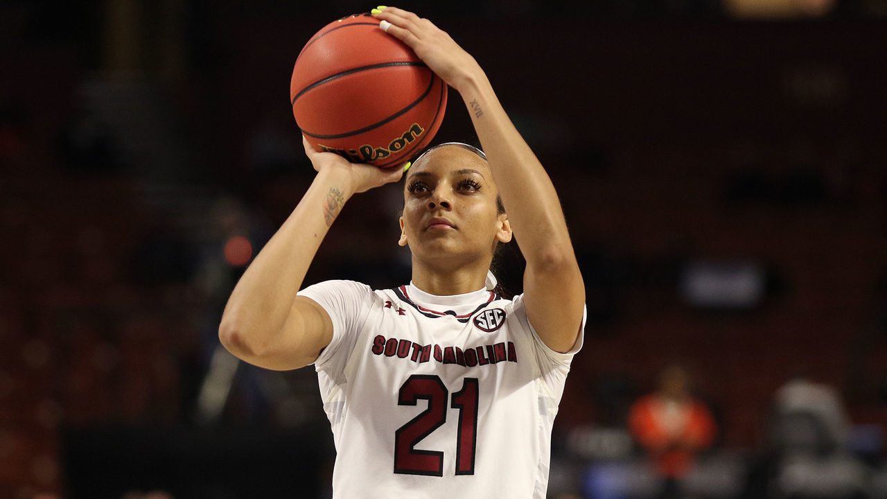 GREENVILLE, SC - MARCH 08: Mikiah Herbert Harrigan (21) forward of South Carolina shoots a foul shot during the SEC Women's basketball tournament between the Arkansas Razorbacks and the South Carolina Gamecocks on March 8, 2019, at the Bon Secours Wellness Arena in Greenville, SC.