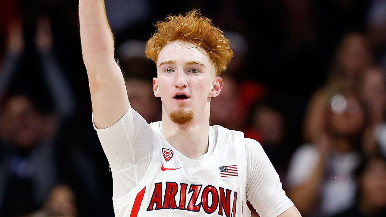 TUCSON, AZ - NOVEMBER 24: Arizona Wildcats guard Nico Mannion (1) reacts after making a basket during the first half of the college basketball game against the Long Beach State 49ers at McKale Center on November 24, 2019 in Tucson, Arizona.