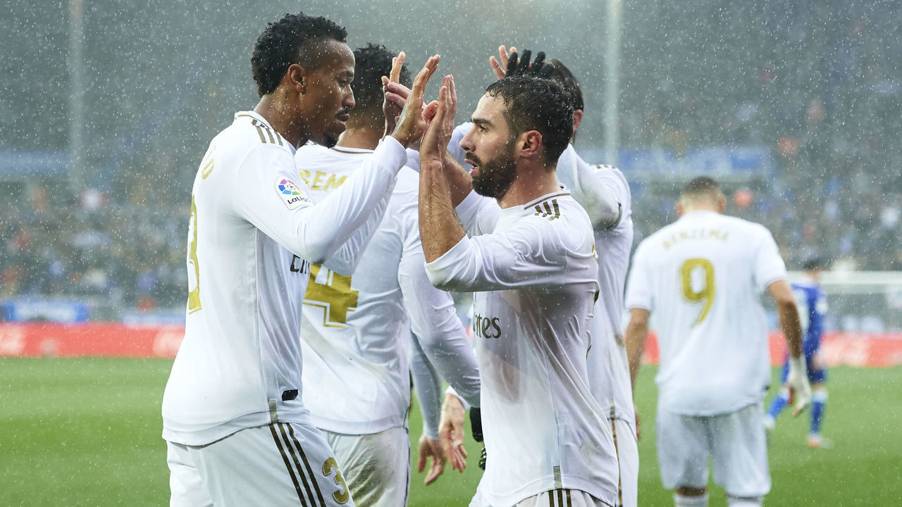 VITORIA-GASTEIZ, SPAIN - NOVEMBER 30: Daniel Carvajal of Real Madrid CF celebrates after scoring goal during the Liga match between Deportivo Alaves and Real Madrid CF at Estadio de Mendizorroza on November 30, 2019 in Vitoria-Gasteiz, Spain.