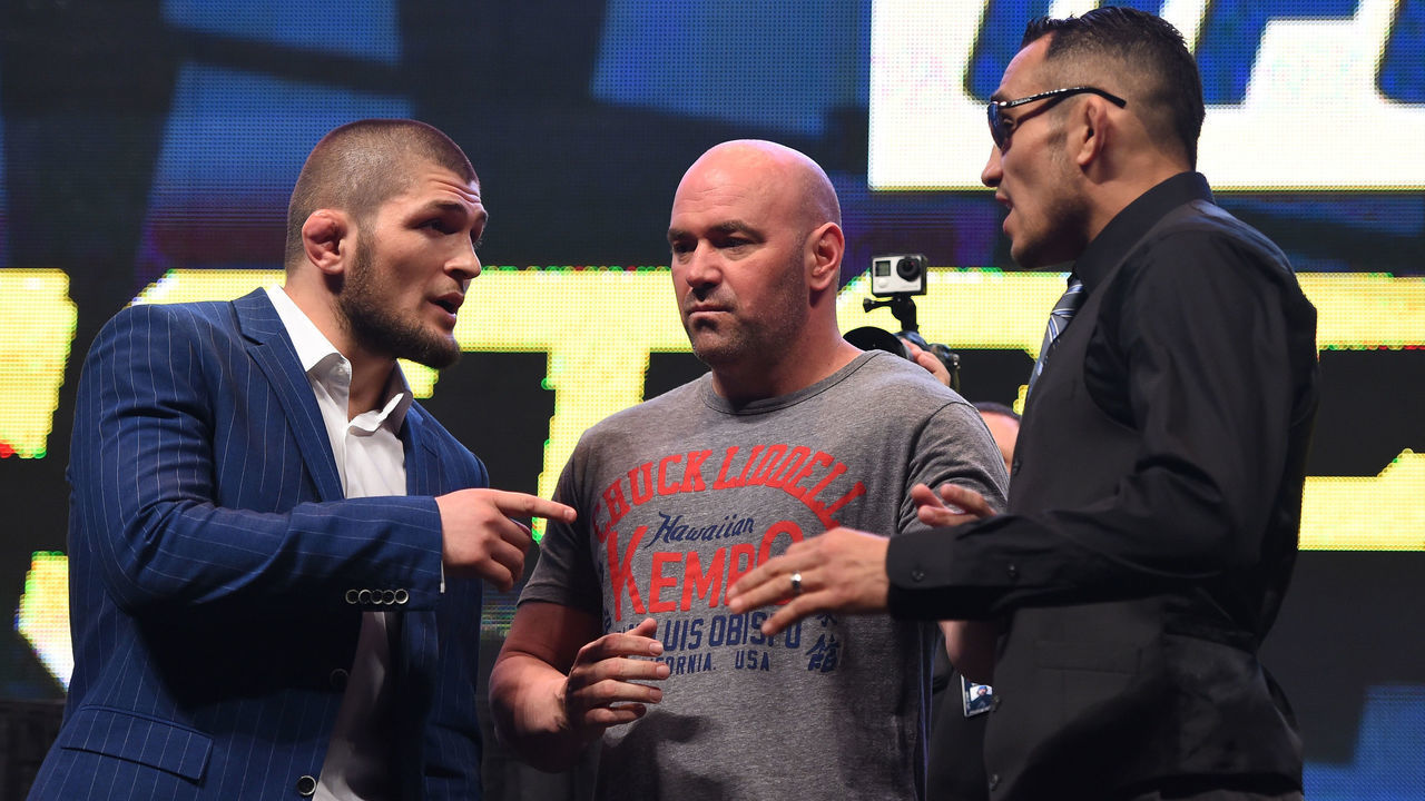LAS VEGAS, NV - MARCH 04: (L-R) Opponents Khabib Nurmagomedov and Tony Ferguson face off during the UFC Unstoppable launch press conference at the MGM Grand Garden Arena on March 4, 2016 in Las Vegas, Nevada.