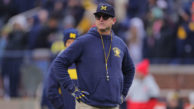 ANN ARBOR, MI - NOVEMBER 30: Michigan Wolverines Head Football Coach Jim Harbaugh watches the pregame warmups prior to the start of the game against the Ohio State Buckeyes at Michigan Stadium on November 30, 2019 in Ann Arbor, Michigan.