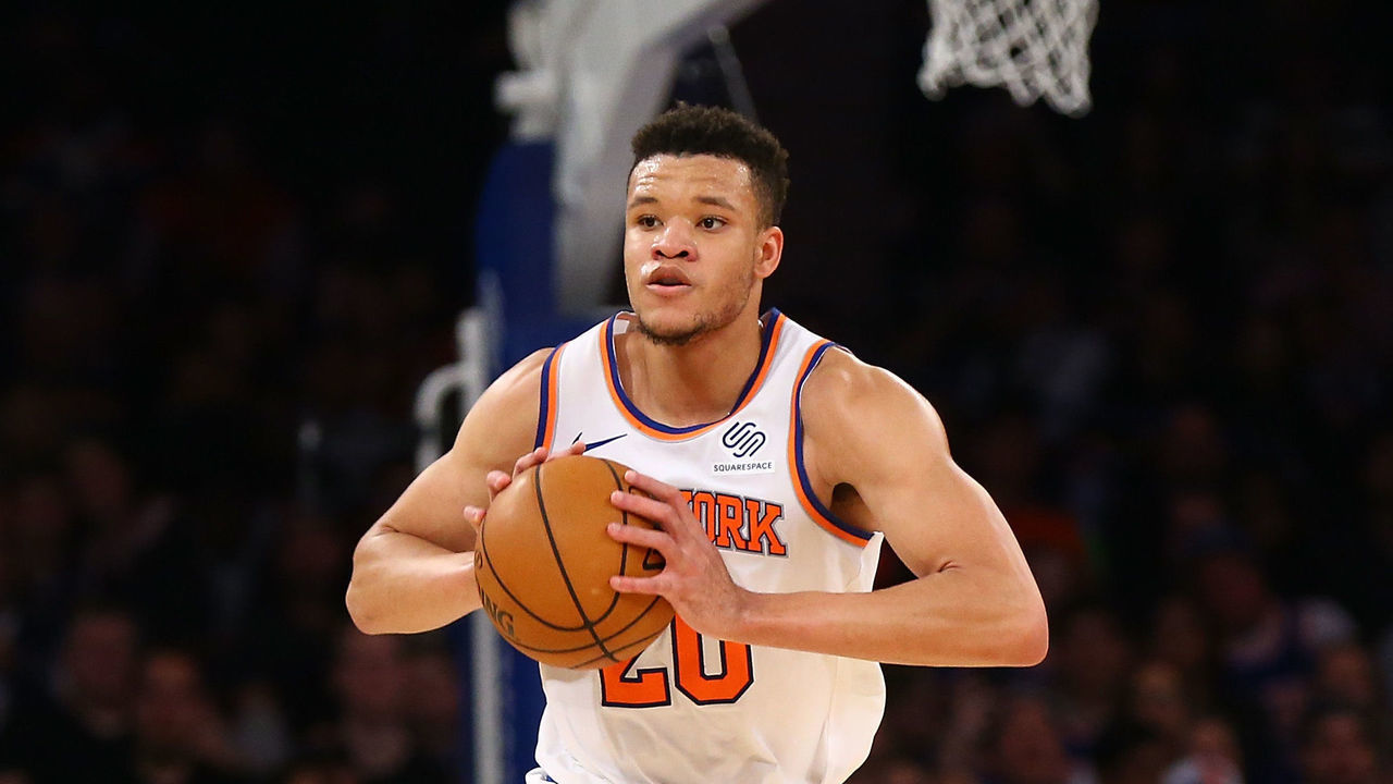 NEW YORK, NEW YORK - NOVEMBER 10: Kevin Knox II #20 of the New York Knicks in action against the Cleveland Cavaliers at Madison Square Garden on November 10, 2019 in New York City. Cleveland Cavaliers defeated the New York Knicks 108-87. Mandatory Copyright Notice: Copyright 2019 NBAE