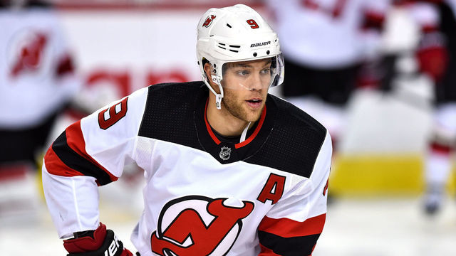CALGARY, AB - NOVEMBER 07: New Jersey Devils Left Wing Taylor Hall (9) warms up before an NHL game where the Calgary Flames hosted the New Jersey Devils on November 7, 2019, at the Scotiabank Saddledome in Calgary, AB.