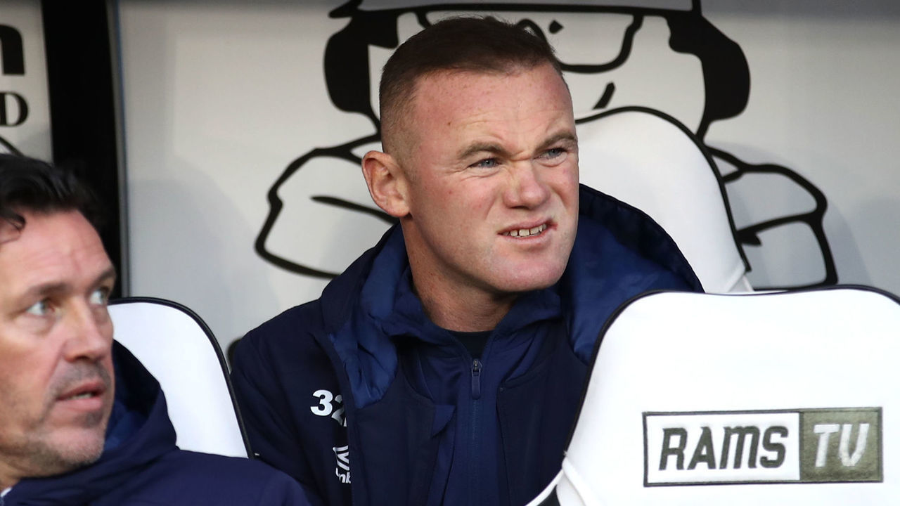 Derby County's Wayne Rooney in the dugout during the Sky Bet Championship match at Pride Park, Derby.