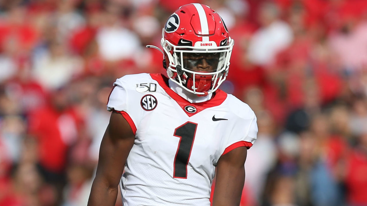 JACKSONVILLE, FL - NOVEMBER 02: Georgia Bulldogs wide receiver George Pickens (1) lines up for a play during the game between the Georgia Bulldogs and the Florida Gators on November 2, 2019 at TIAA Bank Field in Jacksonville, Fl.