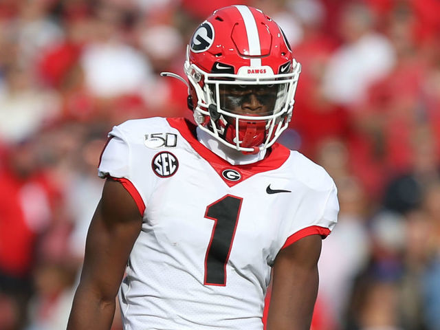 JACKSONVILLE, FL - NOVEMBER 02: Georgia Bulldogs wide receiver George Pickens (1) lines up for a play during the game between the Georgia Bulldogs and the Florida Gators on November 2, 2019 at TIAA Bank Field in Jacksonville, Fl.