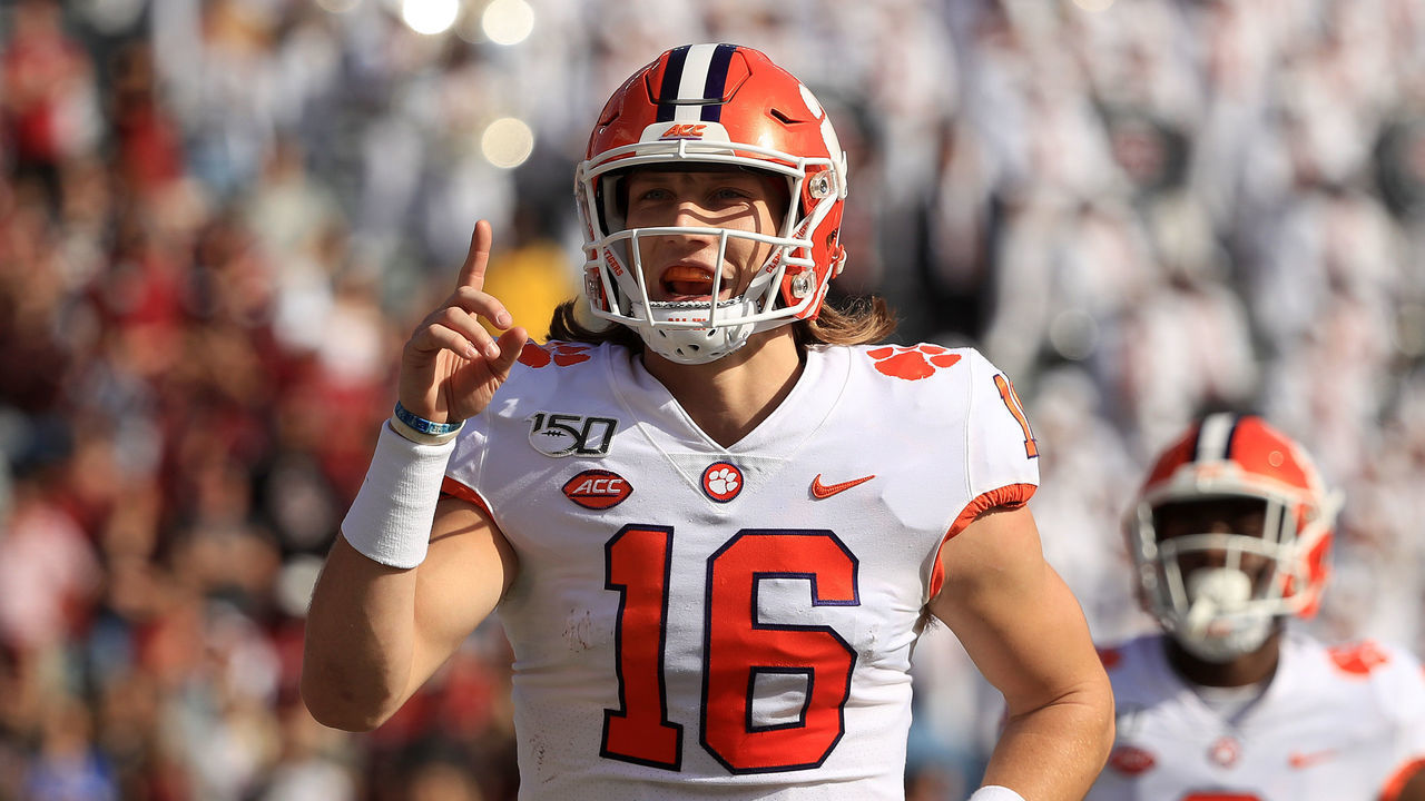 COLUMBIA, SOUTH CAROLINA - NOVEMBER 30: Trevor Lawrence #16 of the Clemson Tigers reacts after a touchdown against the South Carolina Gamecocks during their game at Williams-Brice Stadium on November 30, 2019 in Columbia, South Carolina.
