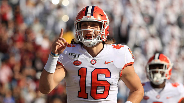 COLUMBIA, SOUTH CAROLINA - NOVEMBER 30: Trevor Lawrence #16 of the Clemson Tigers reacts after a touchdown against the South Carolina Gamecocks during their game at Williams-Brice Stadium on November 30, 2019 in Columbia, South Carolina.