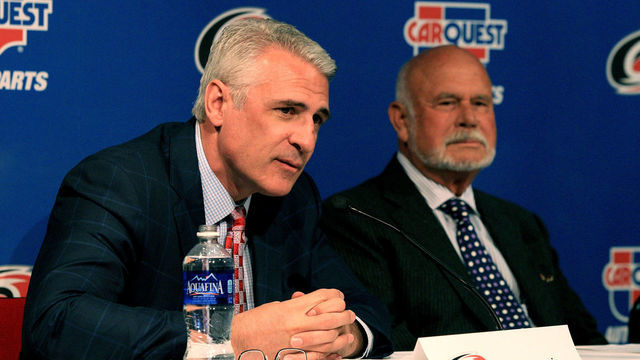 RALEIGH, NC - APRIL 28: Ron Francis (L) speaks as he is named general manager of the Carolina Hurricanes during a press conference with CEO and Owner of the team Peter Karmanos at PNC Arena on April 28, 2014 in Raleigh, North Carolina.